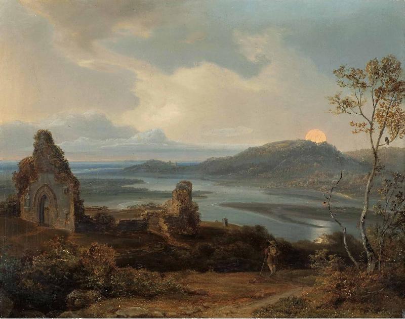 Carl Rottmann Ruin of a chapel near a river with rising moon oil painting image